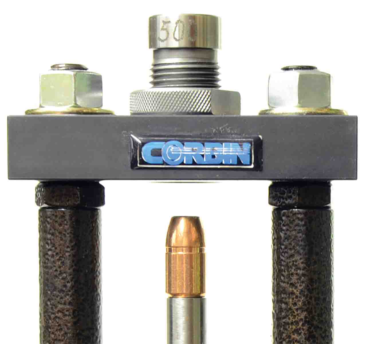Using a Corbin CSP-1 press to push the Swift .510-inch, 450-grain A-Frame through an annular draw die decreases its diameter to .500 inch for the .50 B&M Alaskan.